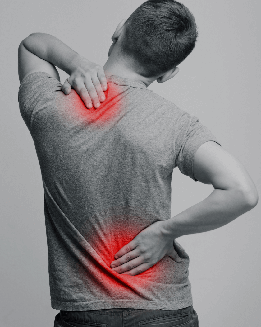 Man with back pain, highlighted red.