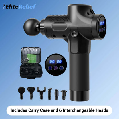 Black massage gun with attachments and carry case.