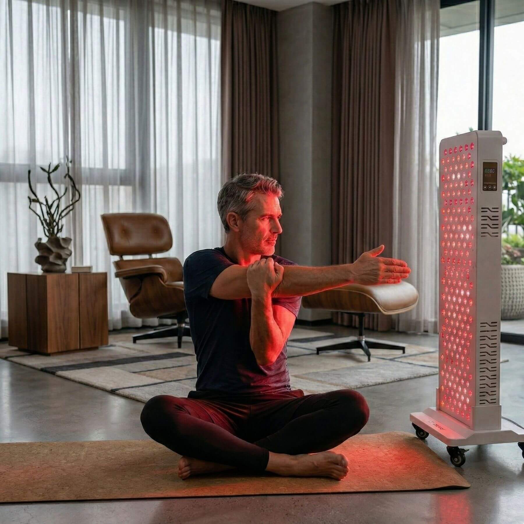 Man using a red light therapy device in a modern living room.