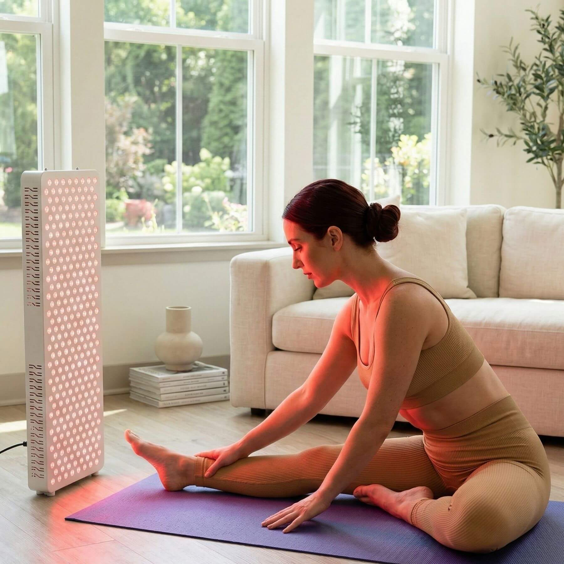 Woman doing yoga while using Pro Panel Max at home