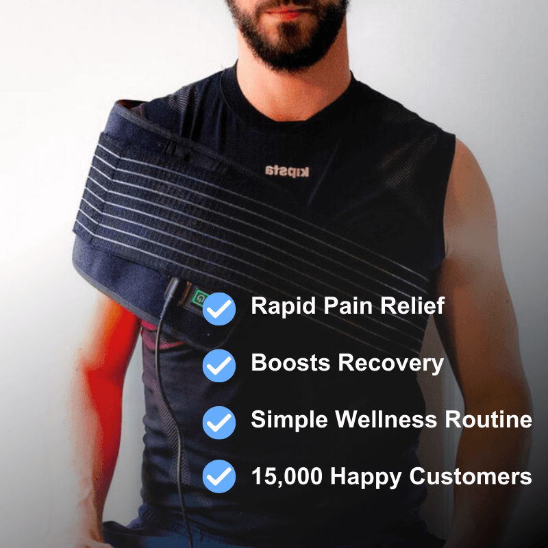 Person wearing a black shoulder wrap with text highlighting benefits on a gray background