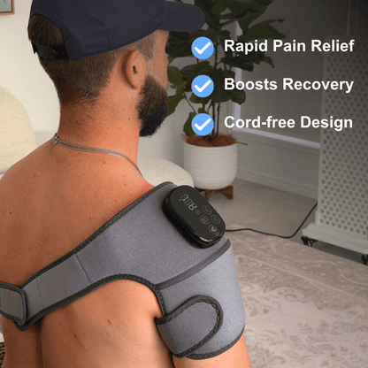 a man using a red light therapy joint wrap on his shoulder