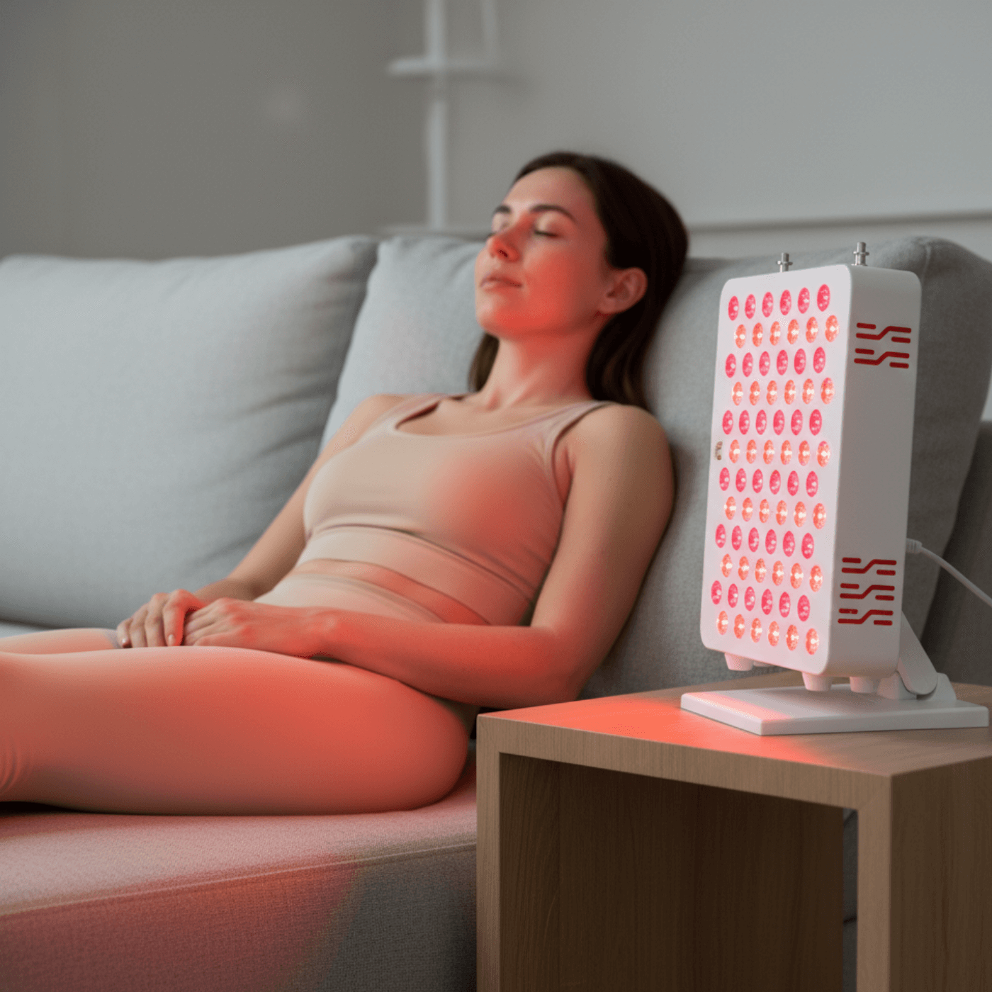 Woman leaning on the sofa while using the Pro Panel Mini 