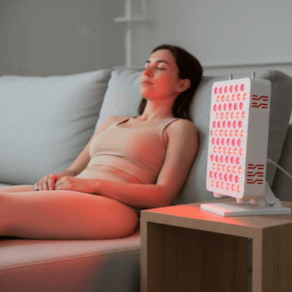 Woman leaning on the sofa while using the Pro Panel Mini 