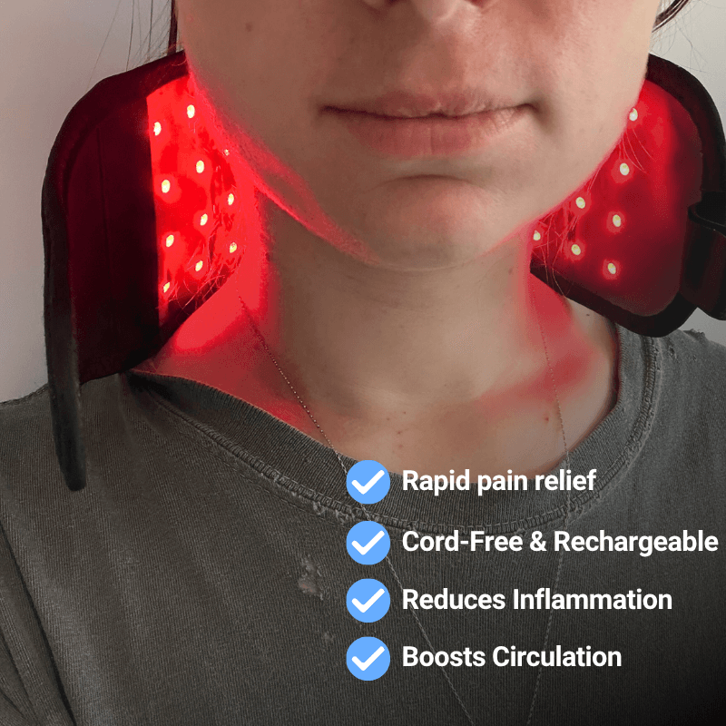 Person using a red light therapy device on their neck with features listed below.